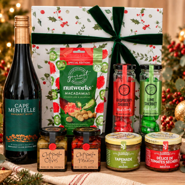Christmas Time Gift Hamper with Cape Mentelle Shiraz, gourmet savoury treats, colourful sweets and festive gift box