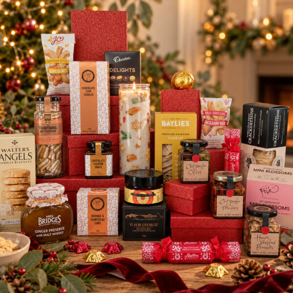 Christmas Gift Tower contents featuring gourmet chocolates, biscuits, savoury snacks, preserves and festive treats displayed with red gift boxes.