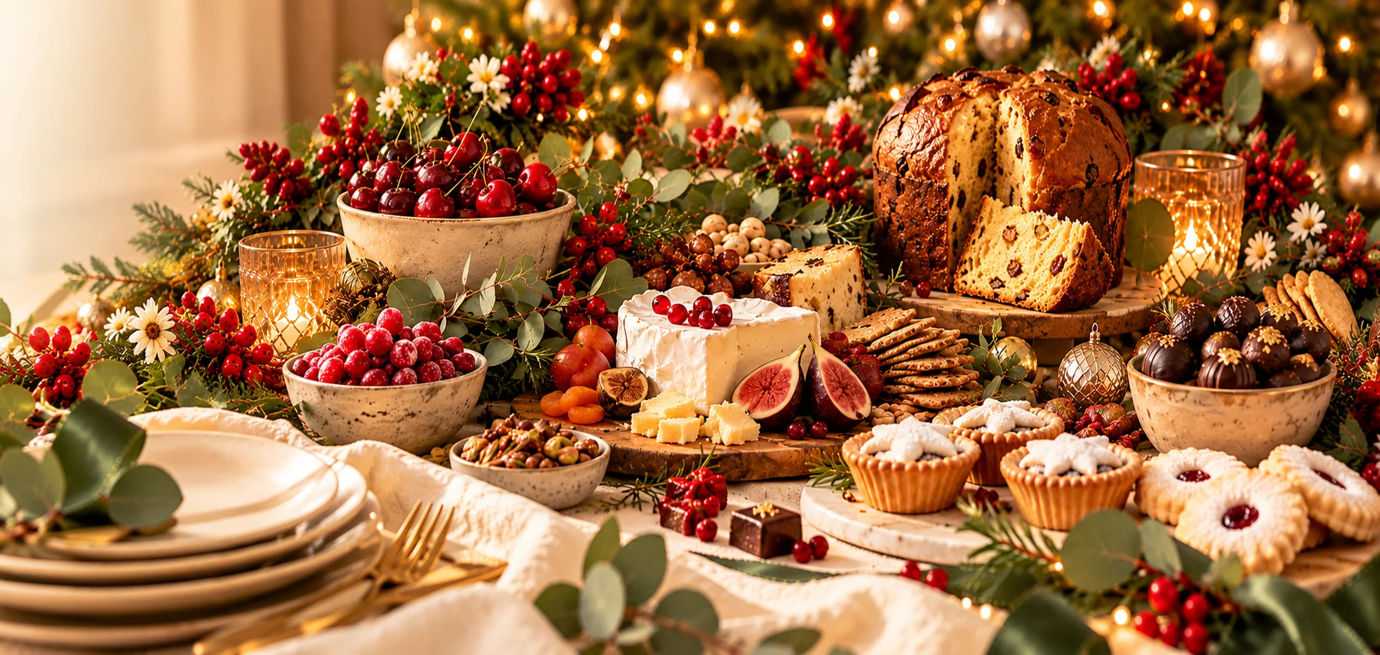 Festive Christmas table filled with fruit cake, cheeses, cherries, mince pies, chocolates and seasonal greenery.