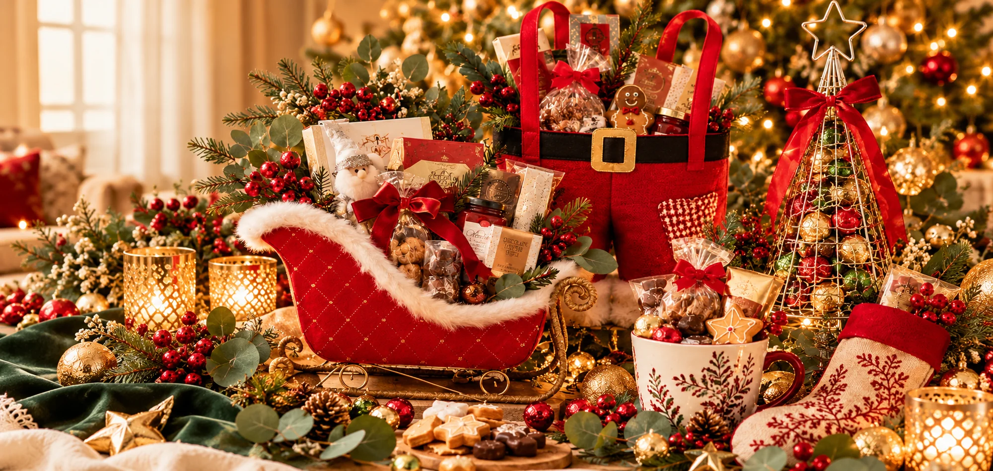 Festive Christmas gifts displayed in a red Santa sleigh, alongside a Christmas gift bag, miniature decorated tree, gingerbread treats and golden decorations.
