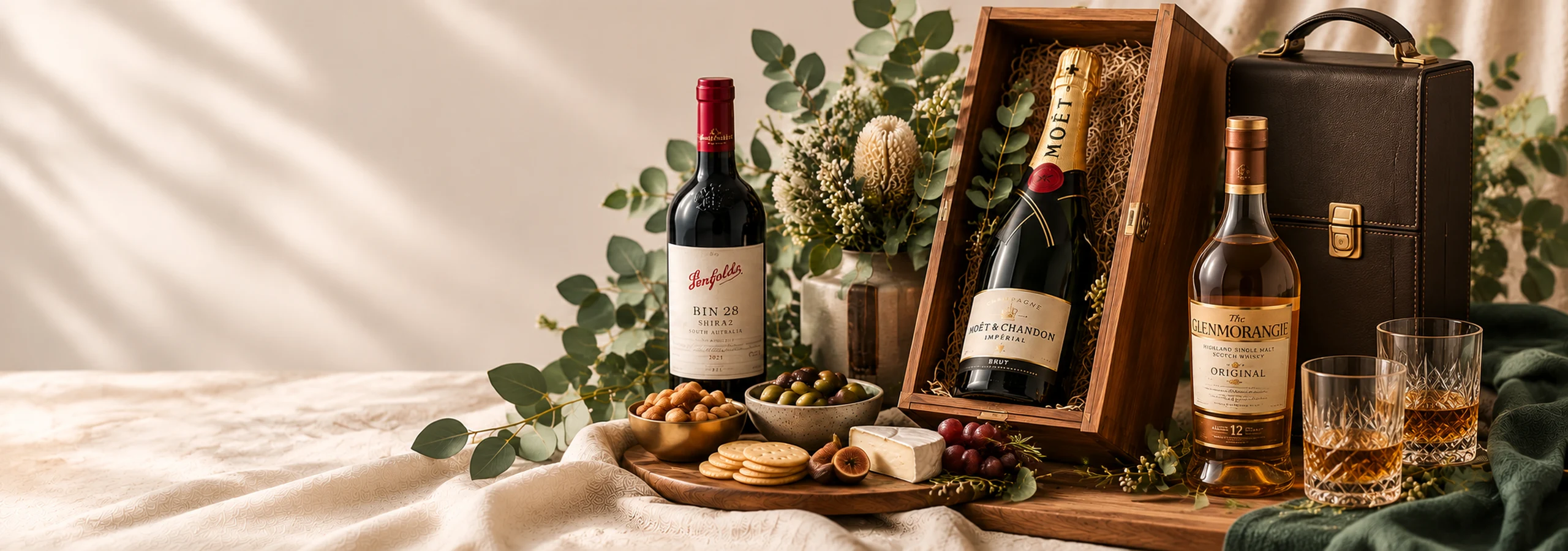 Cellar gift setting with red wine, Champagne and whisky presented with glasses and gourmet accompaniments