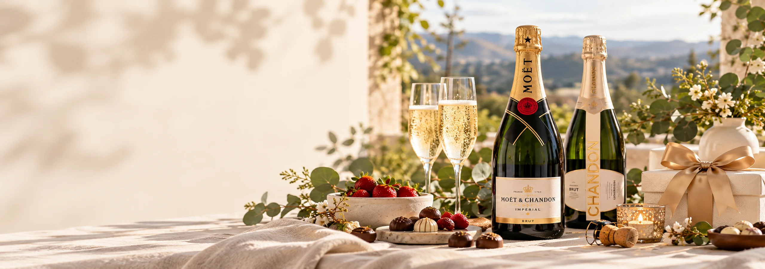 Champagne and sparkling wine gifts with glasses and treats