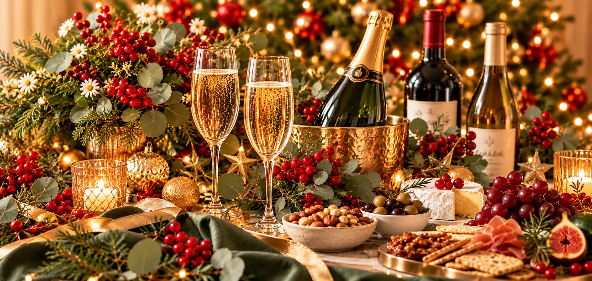 Christmas celebration with sparkling wine, champagne glasses, red and white wine, gourmet treats, eucalyptus and festive gold decorations.