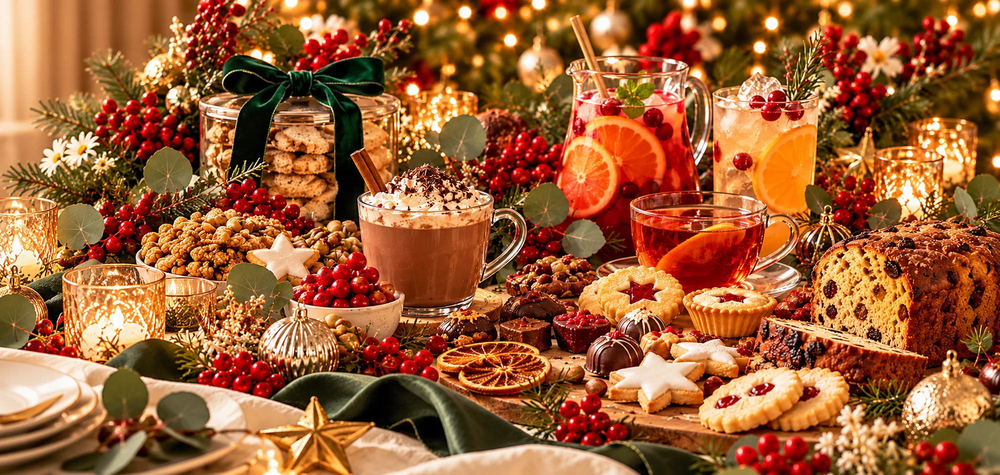 Alcohol-free Christmas celebration with cranberry and orange drinks, hot chocolate, Christmas cake, festive biscuits, chocolates and eucalyptus greenery.