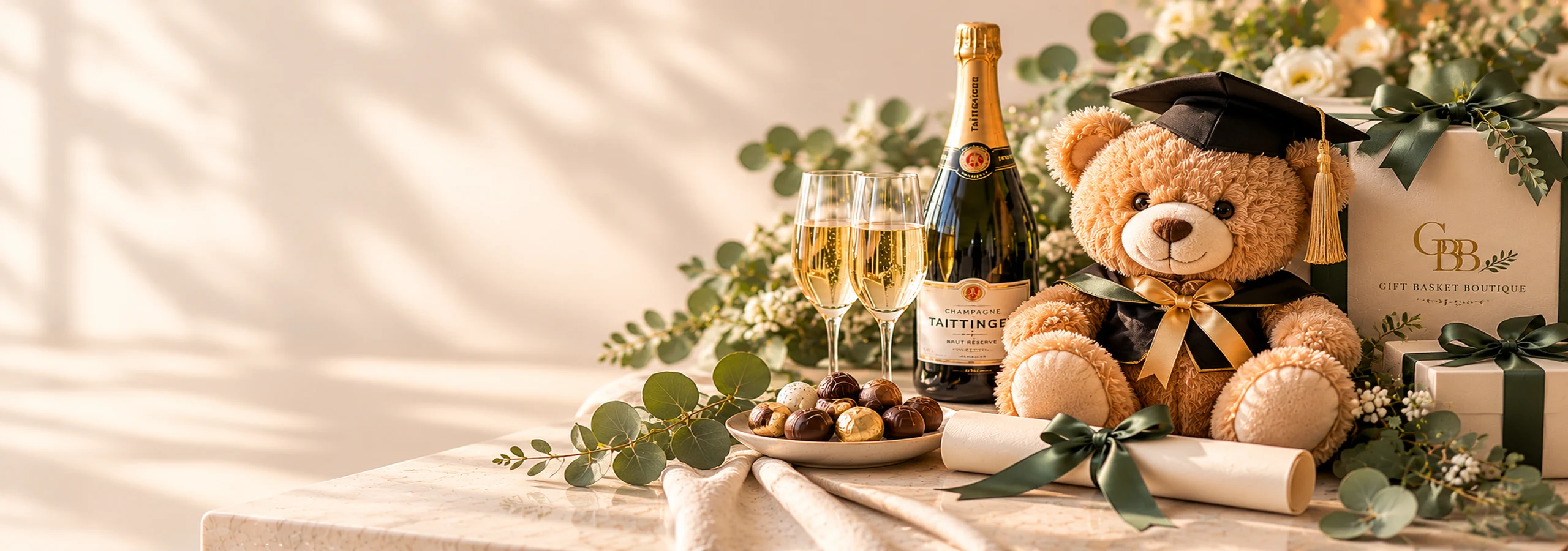 Graduation bear with Champagne, chocolates and graduation gift