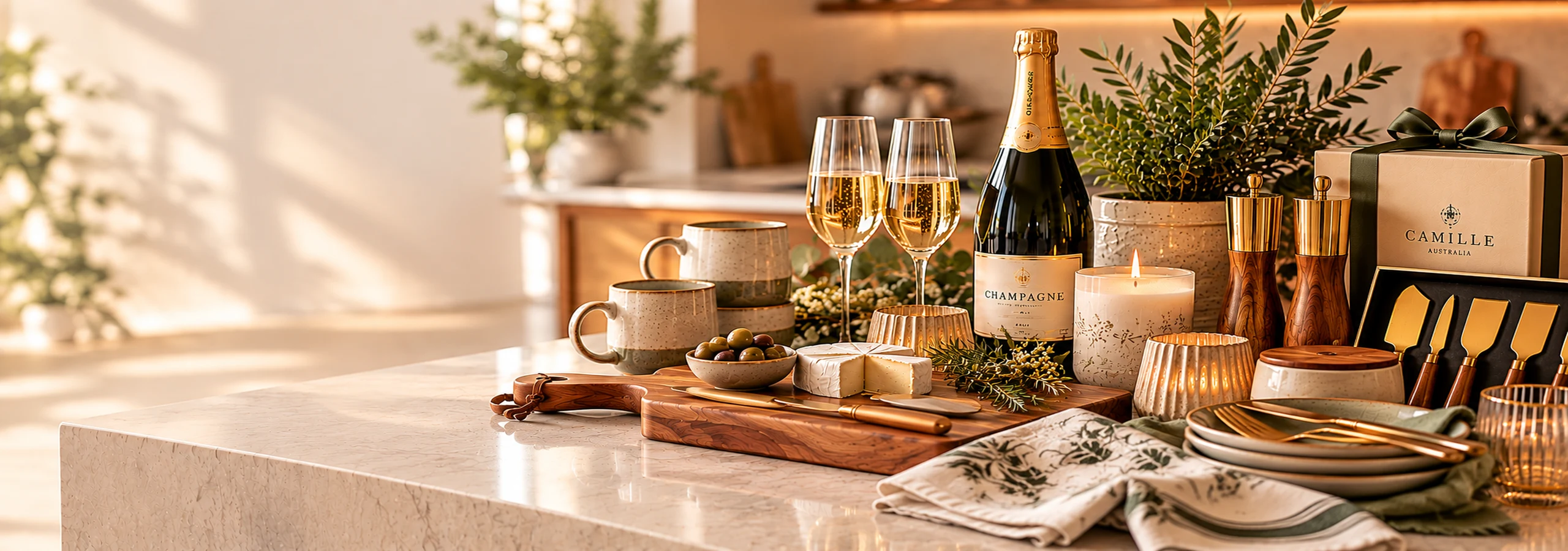 Housewarming gifts with Champagne, homewares, serving pieces and mugs