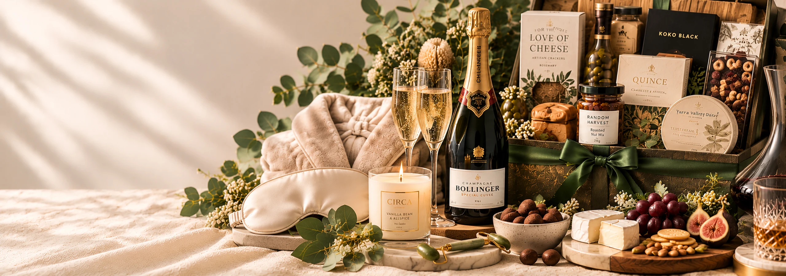 Luxury hamper setting with Champagne, gourmet treats, chocolates, cheese, pampering gifts and a candle