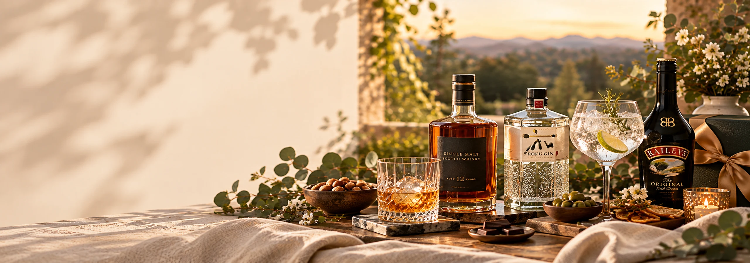Whisky, gin and Baileys gifts with glasses and treats
