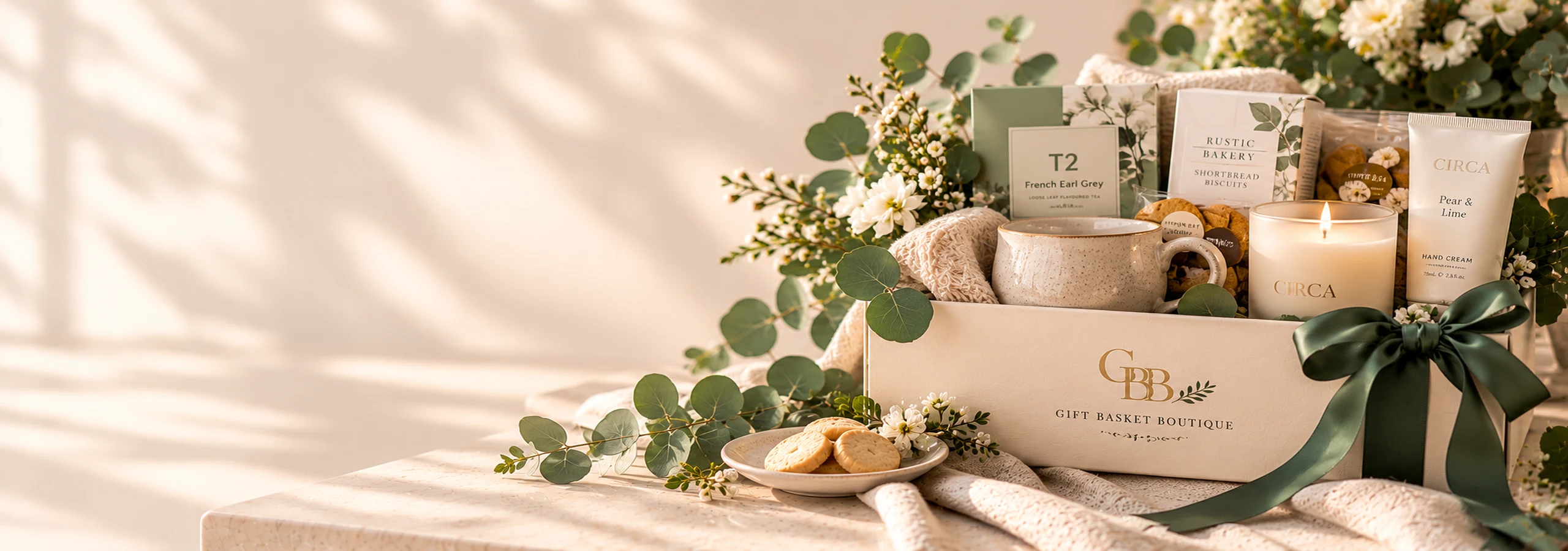 Sympathy gift with tea, biscuits, candle, hand cream and mug