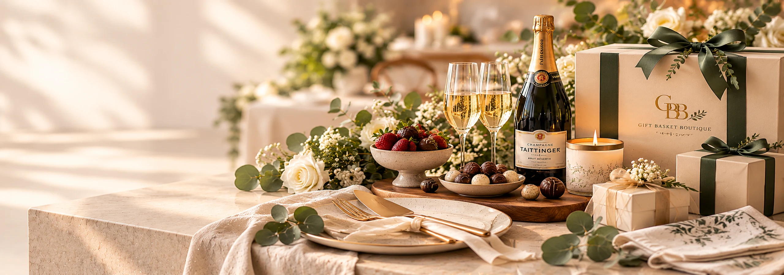 Wedding gifts with Champagne, chocolates, flowers and wrapped gifts