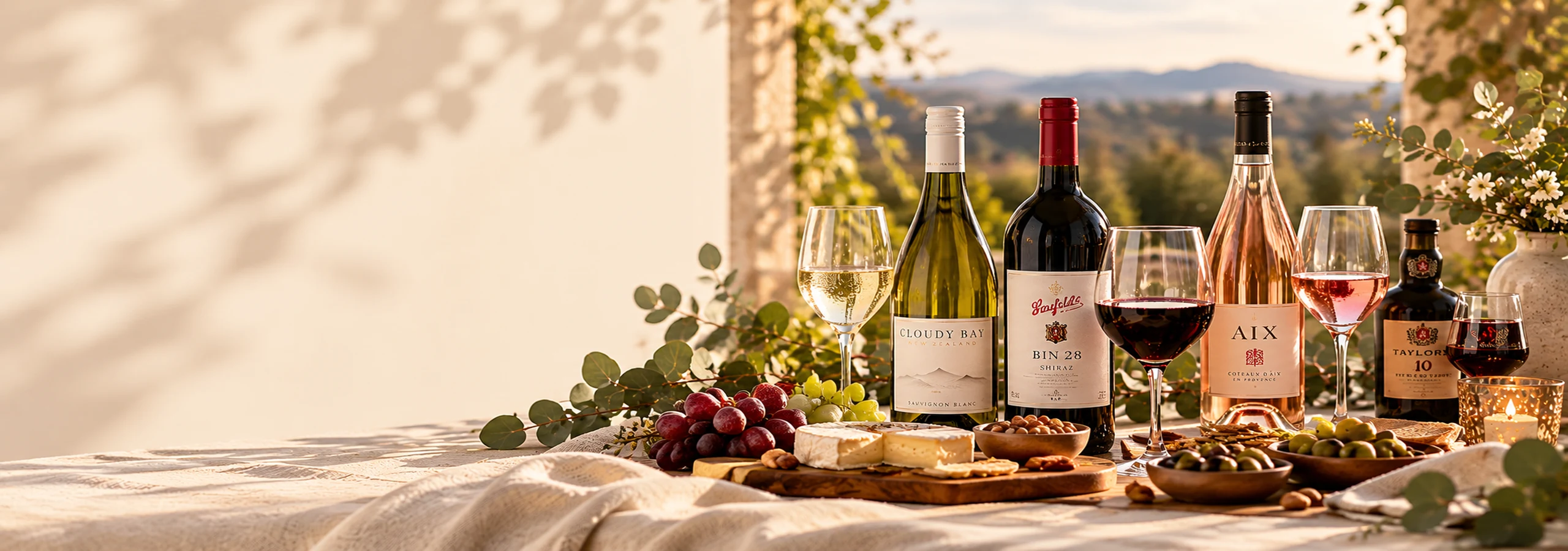 Red, white, rose and Port wine gifts with cheese and treats