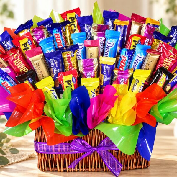 My Favourites Chocolate Bouquet featuring assorted Cadbury chocolates, colourful cellophane and a purple ribbon in a wicker basket, displayed in a warm, sunlit setting.