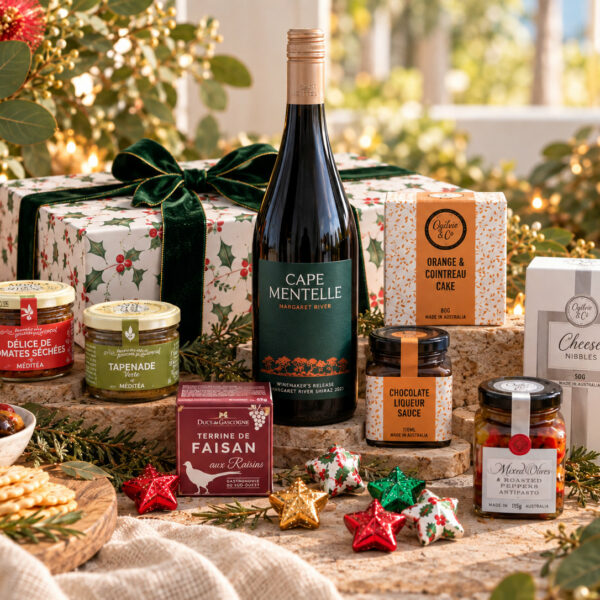Simply Christmas gift hamper with Cape Mentelle Shiraz and gourmet Christmas treats in a festive holly-patterned gift box.