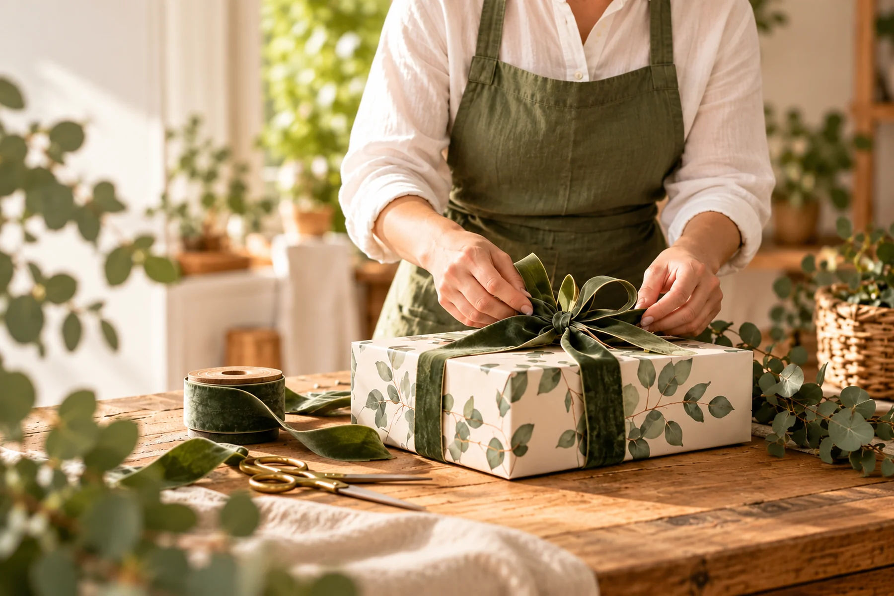 Gift Basket Boutique gift being finished by hand with ribbon