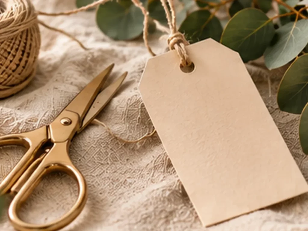 Gift wrapping details with eucalyptus, twine and scissors