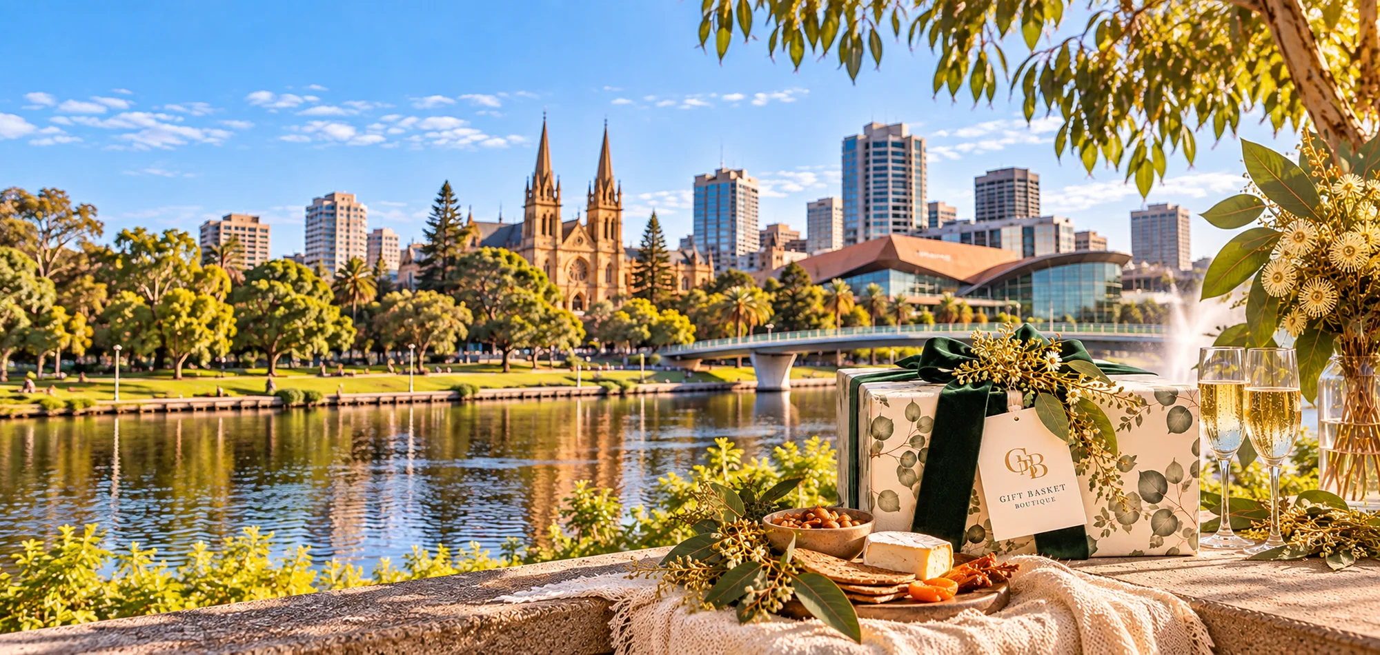 Gift Basket Boutique gift hamper overlooking the River Torrens and St Peter's Cathedral in Adelaide