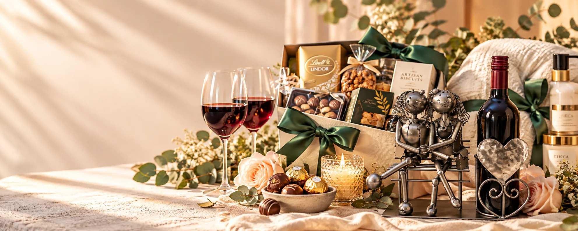 Anniversary gift setting with a metal couple sculpture, red wine, chocolates, candle and pampering gifts