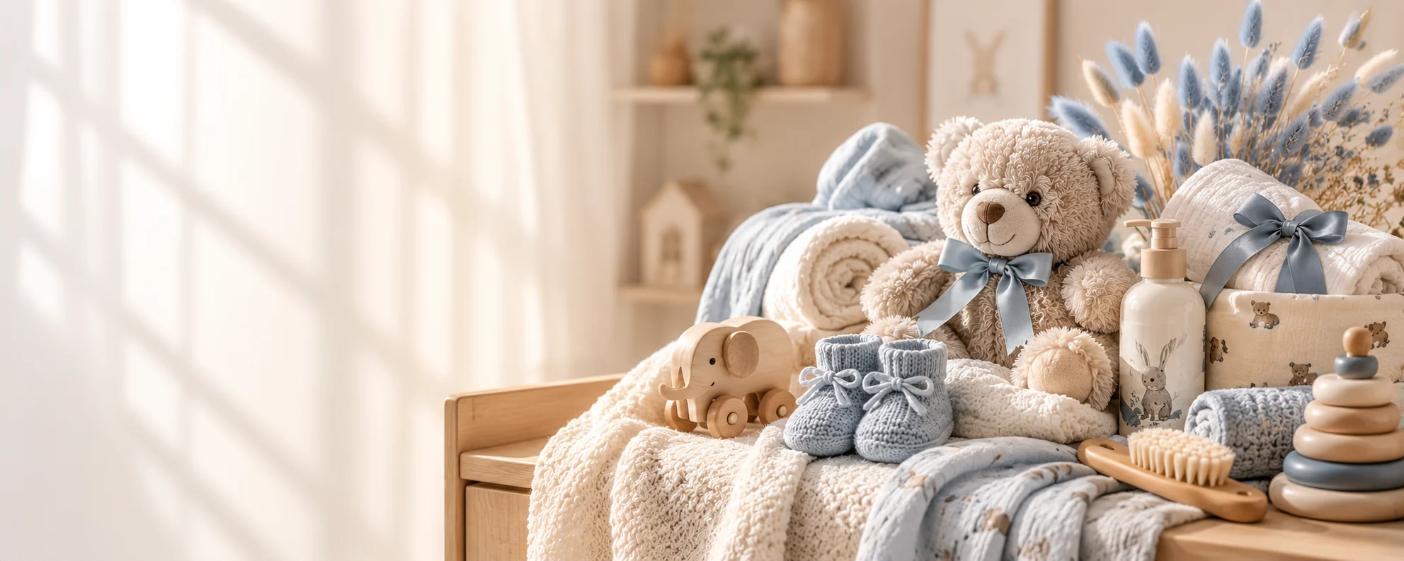 Baby boy gift setting with a teddy bear, blue booties, soft blankets, wooden toys and baby care