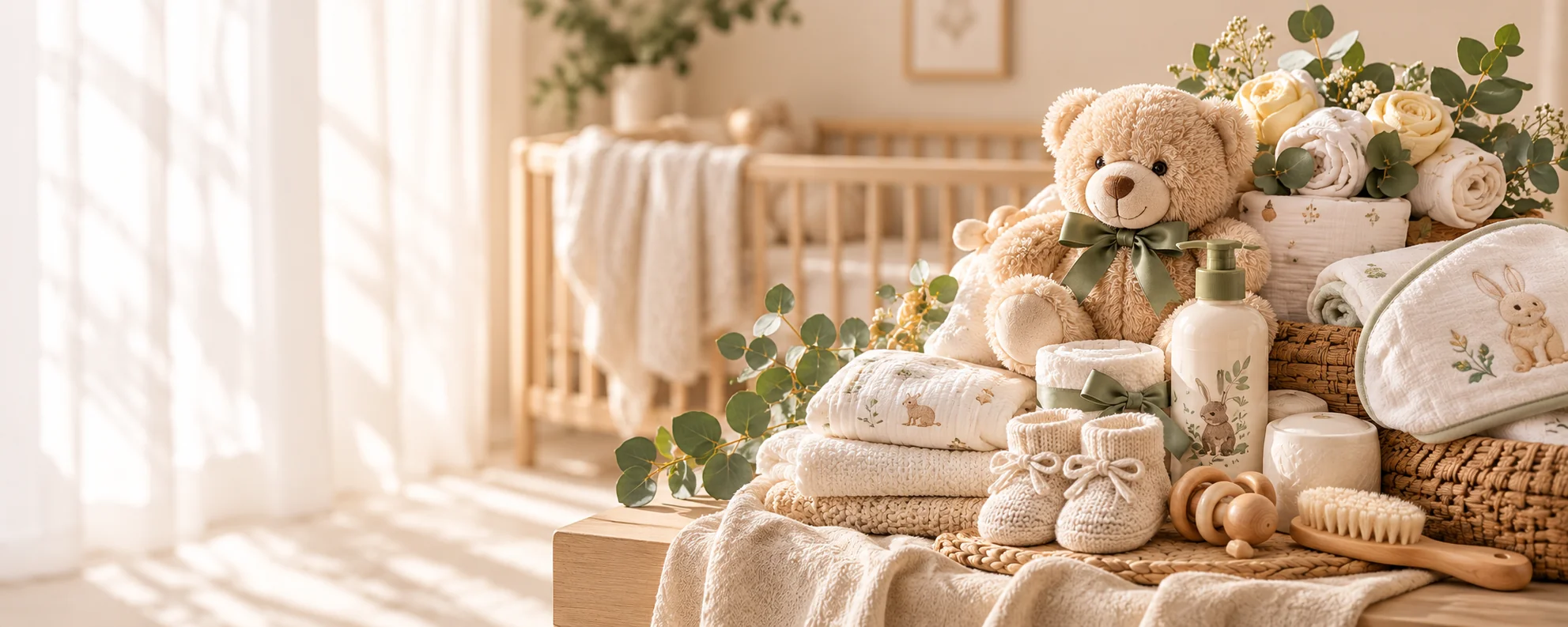 Baby gift basket setting with a teddy bear, soft blankets, baby booties, wooden toys and baby care