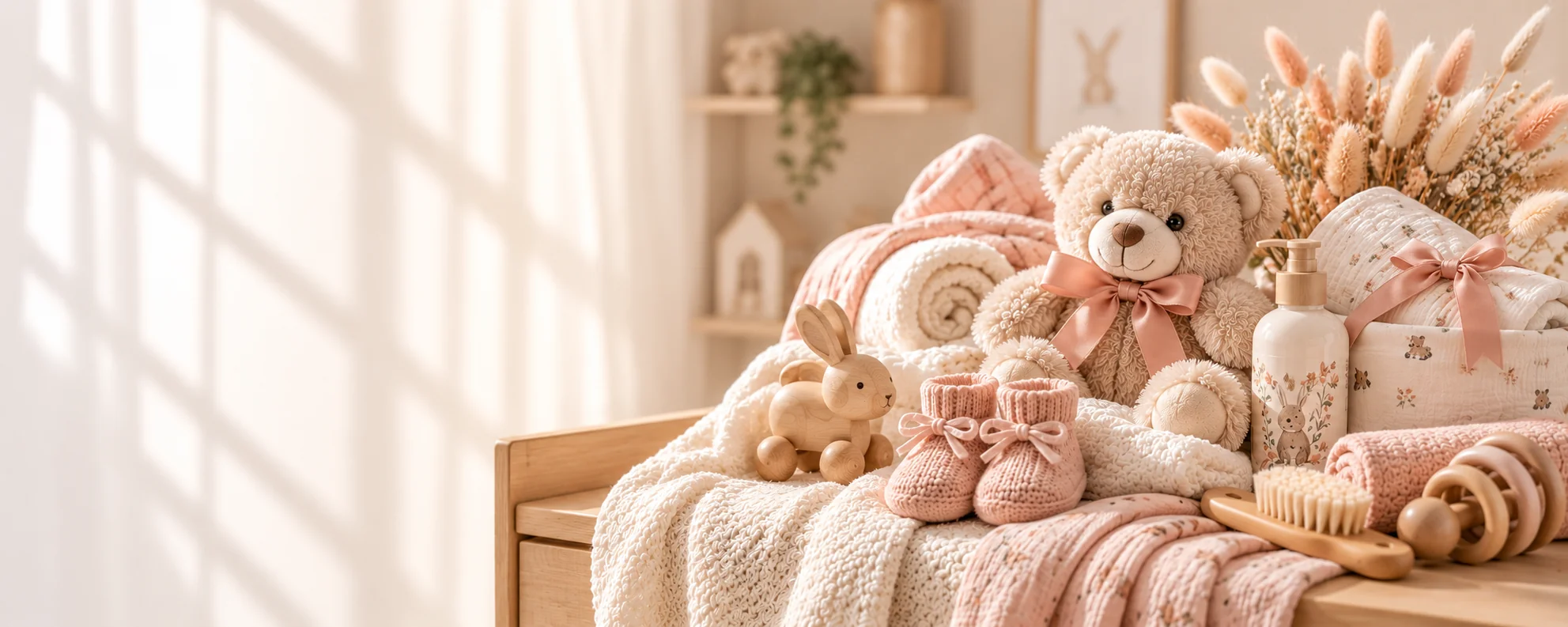 Baby girl gift setting with a teddy bear, pink booties, soft blankets, wooden toys and baby care