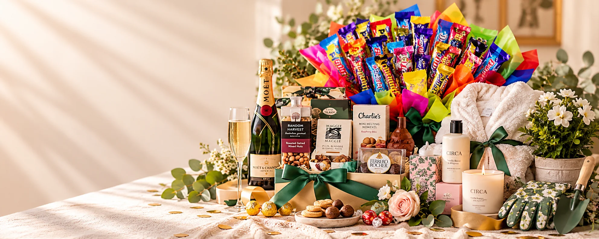 Birthday gift setting with a colourful chocolate bouquet, Champagne, gourmet treats, bathrobe, candle and gardening gifts