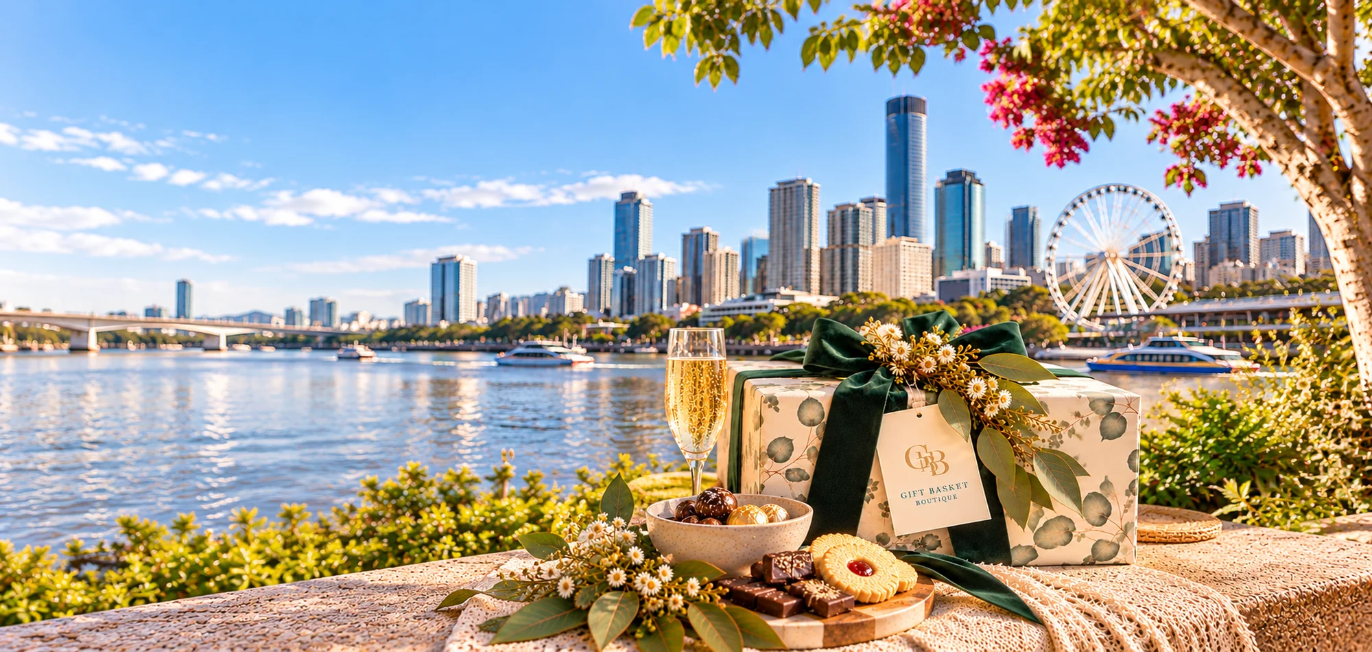 Gift Basket Boutique gift hamper overlooking the Brisbane River and city skyline