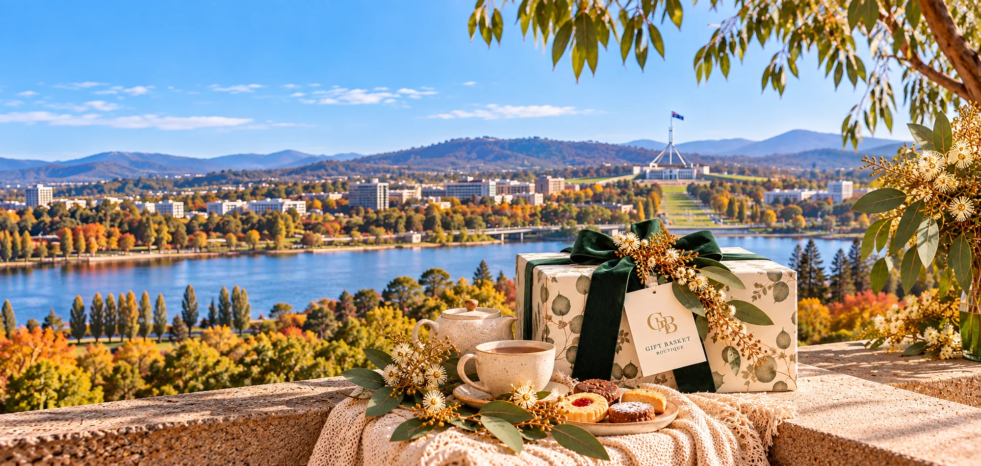 Gift Basket Boutique gift hamper overlooking Lake Burley Griffin and Parliament House in Canberra