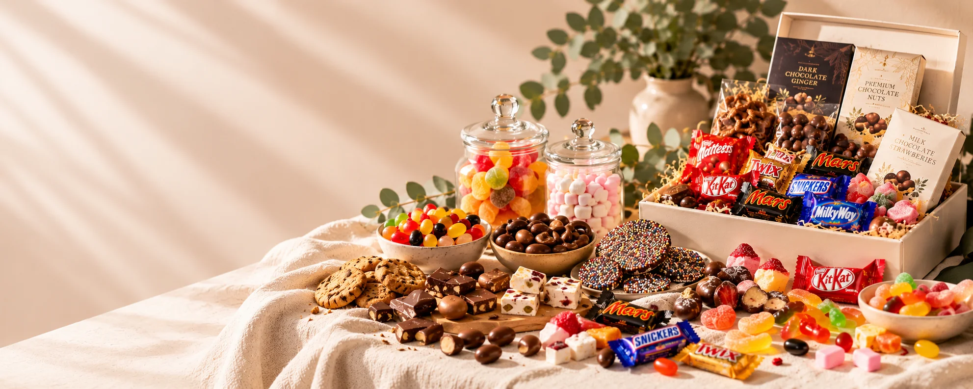 Chocolate and sweets gift setting with chocolates, lollies, marshmallows, nougat, biscuits and confectionery