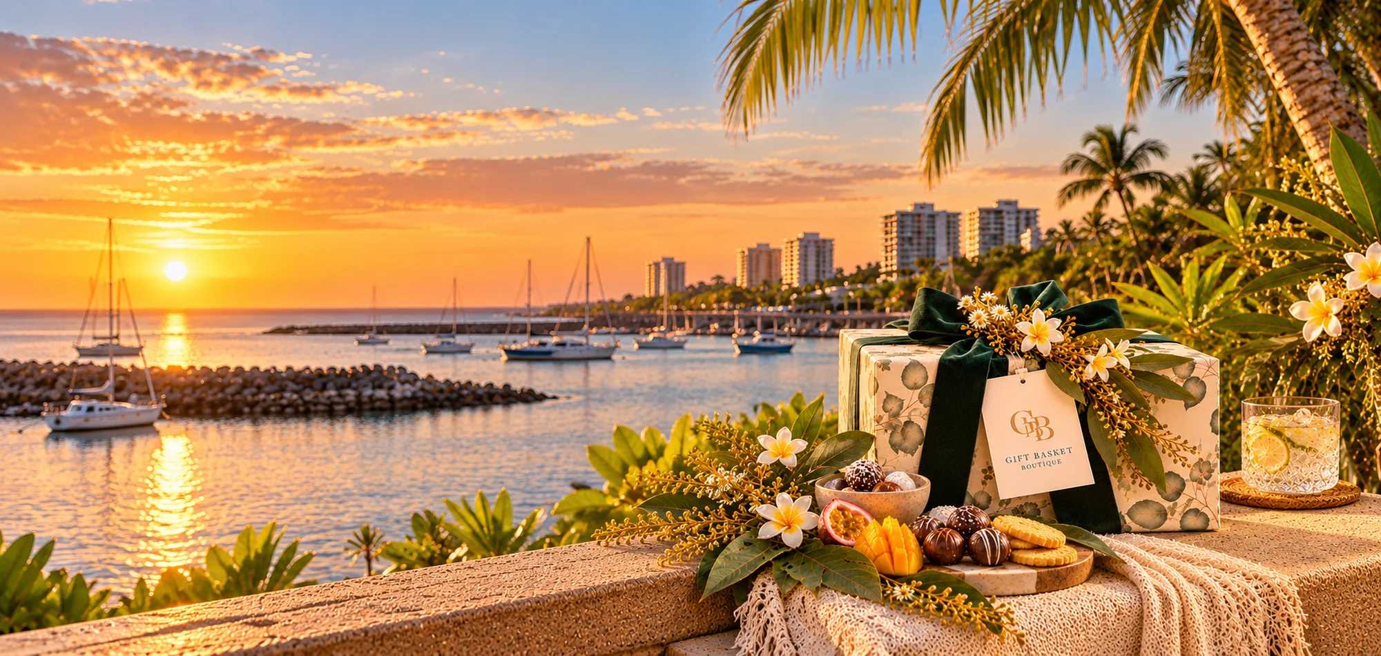 Gift Basket Boutique gift hamper overlooking Darwin's waterfront at sunset
