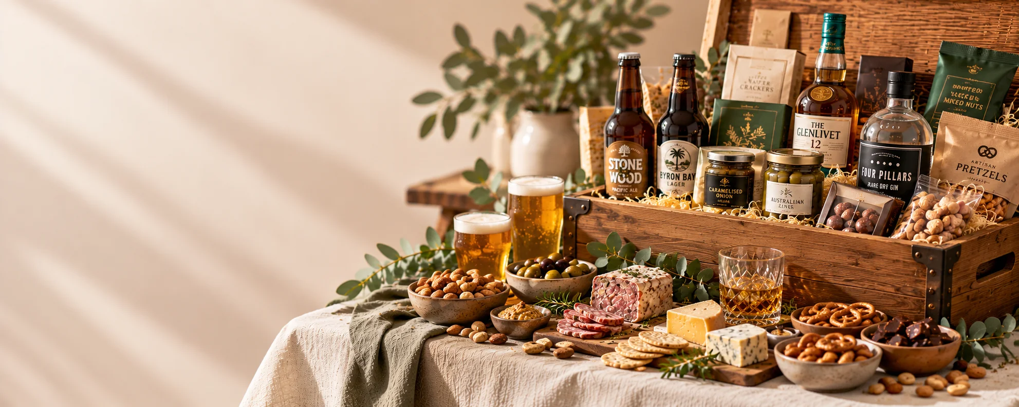 Food hamper with beer and spirits, savoury snacks, cheese, crackers, nuts and chocolates