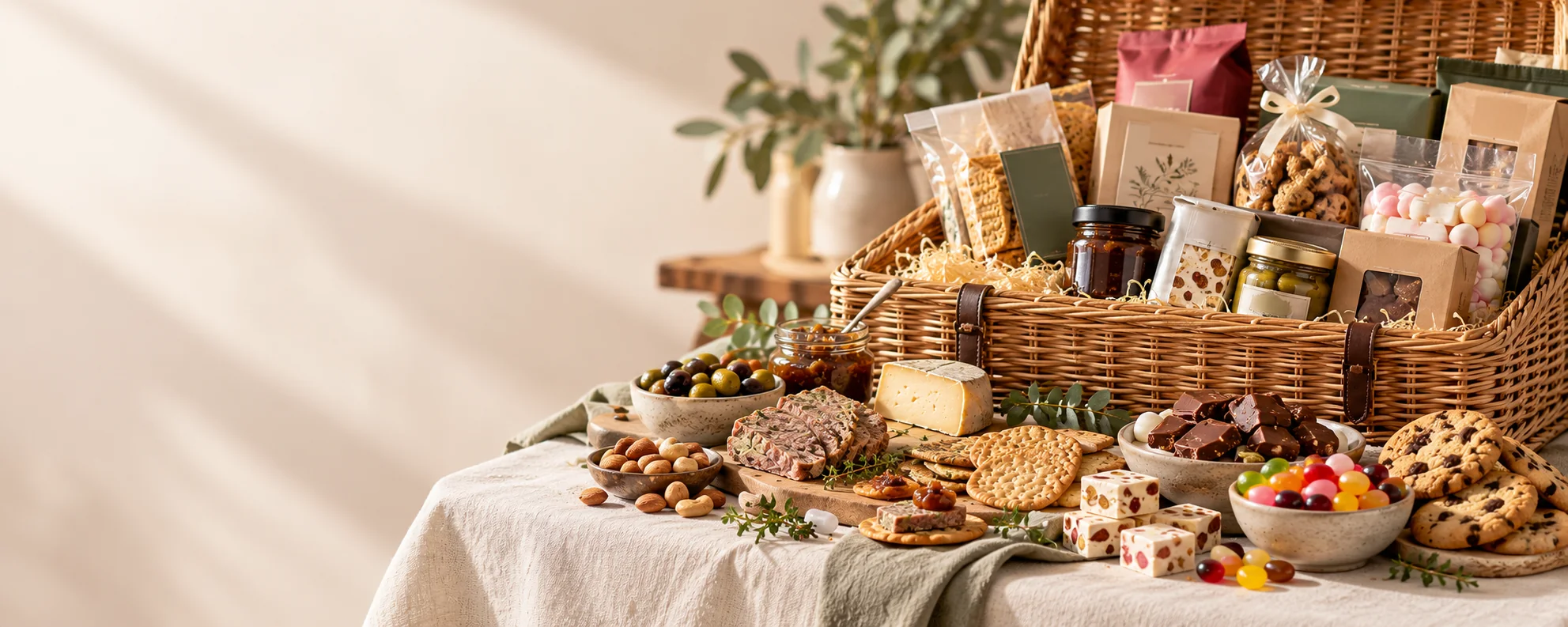 Food hamper with gourmet savoury treats, chocolates, sweets, biscuits, nuts and preserves