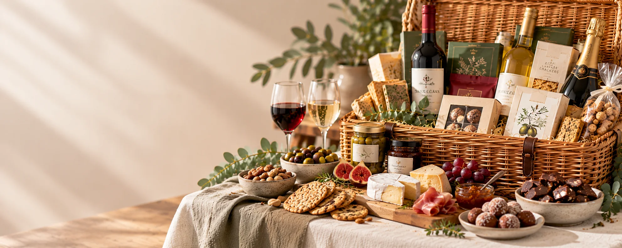 Food and wine hamper with savoury gourmet treats, cheese, crackers, chocolates, red wine and Champagne