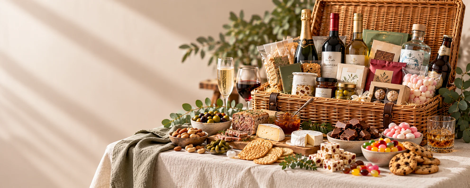 Gourmet hamper with savoury foods, chocolates and sweets accompanied by wine, Champagne, beer and spirits