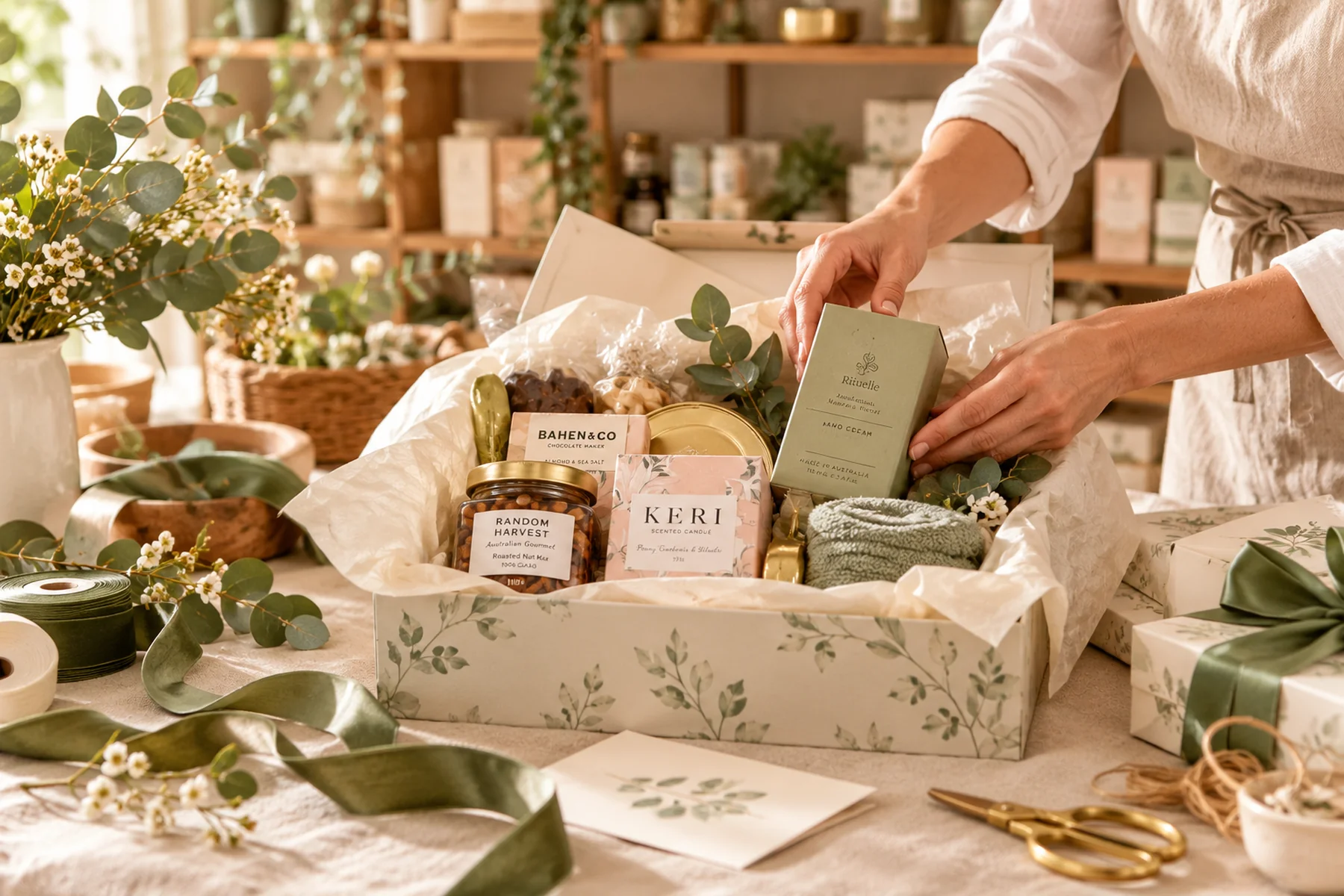 Hands carefully arranging artisan treats and pampering gifts inside a tissue-lined gift box in a warm, sunlit gifting studio.