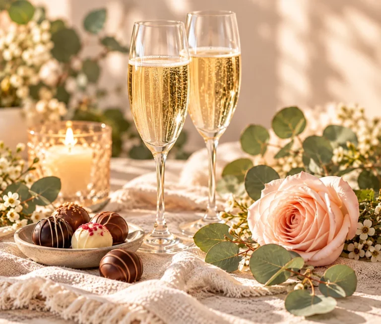 Two glasses of sparkling champagne with assorted chocolate truffles, a blush rose and candlelight on ivory linen.