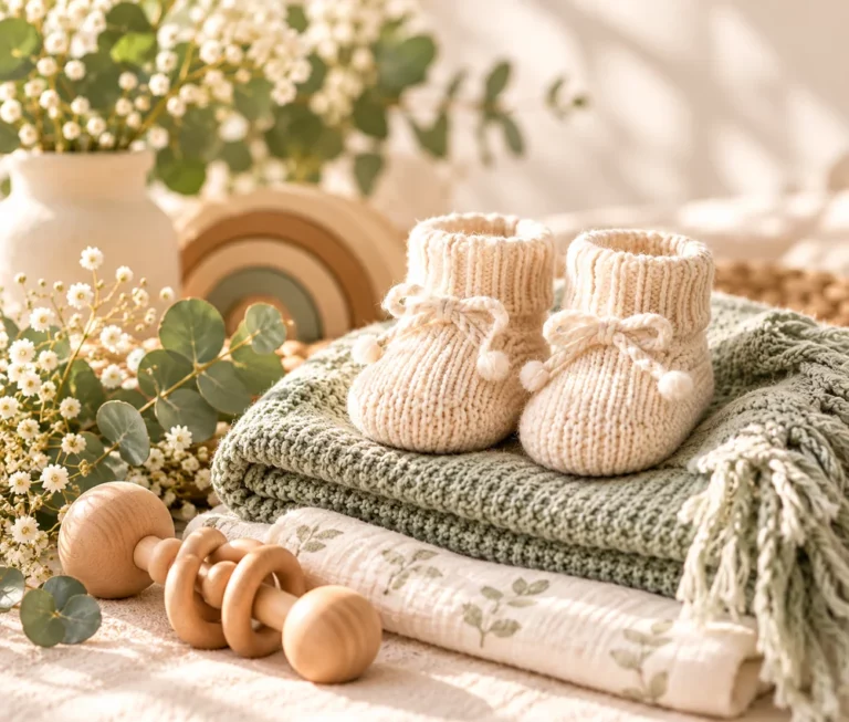 Cream knitted baby booties resting on a sage green blanket, surrounded by eucalyptus, delicate flowers and a wooden baby rattle.