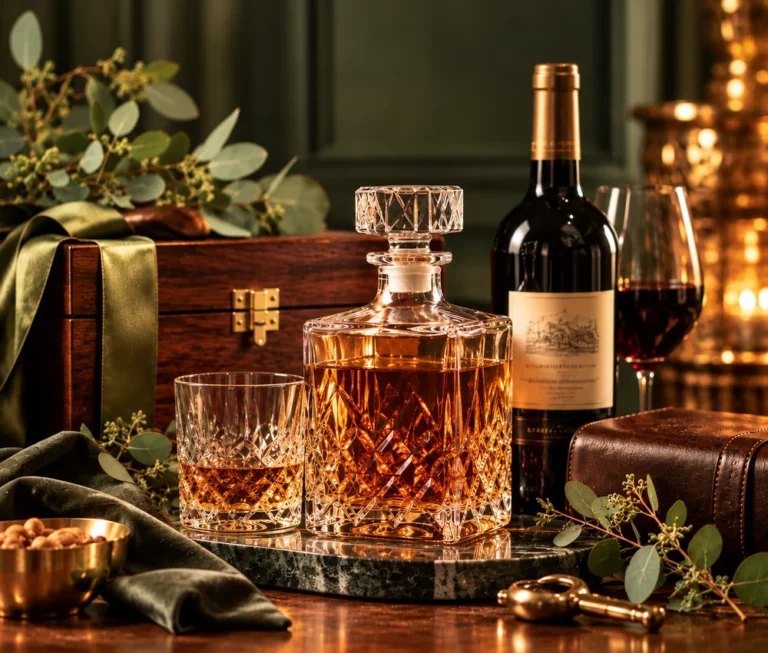 Crystal whisky decanter and tumbler beside a red wine bottle, polished wooden presentation chest and leather case in warm golden light.
