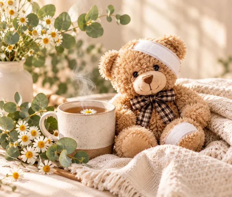Teddy bear with a bandaged head beside a steaming cup of tea, surrounded by daisies and eucalyptus.