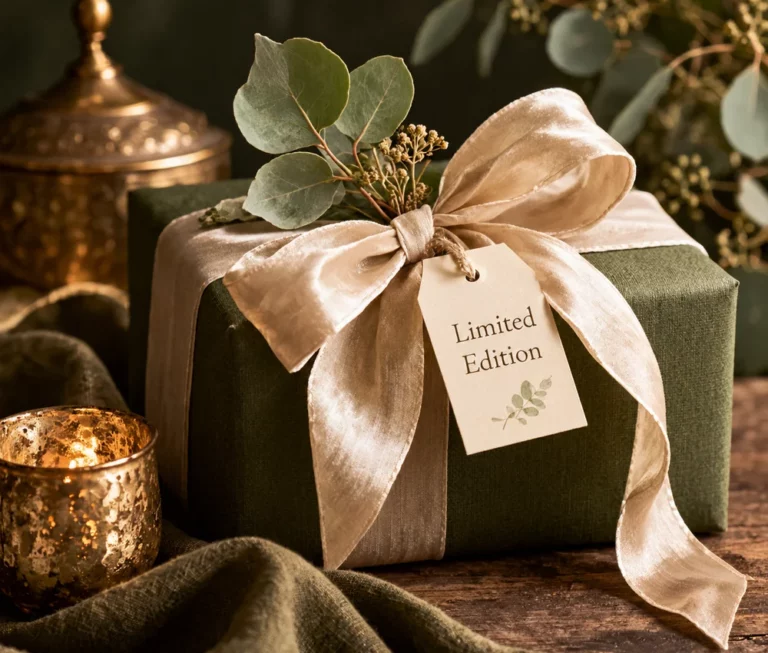 A deep eucalyptus-green gift with a champagne ribbon and Limited Edition tag, styled with warm candlelight and antique brass accents.