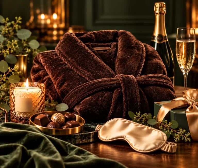 Plush chocolate-brown bathrobe with a champagne satin eye mask, glowing candle, fine chocolates and champagne in an elegant setting.
