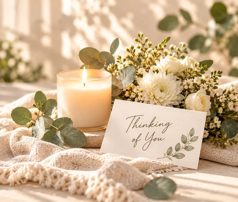 A softly glowing candle beside white flowers, eucalyptus and a Thinking of You card on warm ivory linen.
