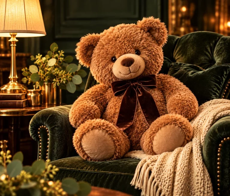Cuddly caramel-brown teddy bear with a chocolate velvet bow sitting in a deep green velvet armchair beside a warm lamp and ivory knitted throw.