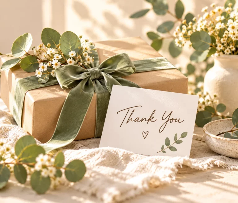 A gift wrapped in natural kraft paper with a sage green ribbon, eucalyptus and a handwritten Thank You card on ivory linen.