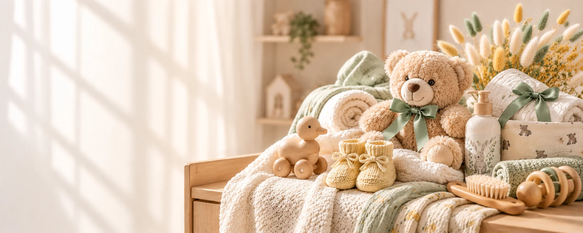 Gender-neutral baby gift setting with a teddy bear, yellow booties, sage blankets, wooden toys and baby care