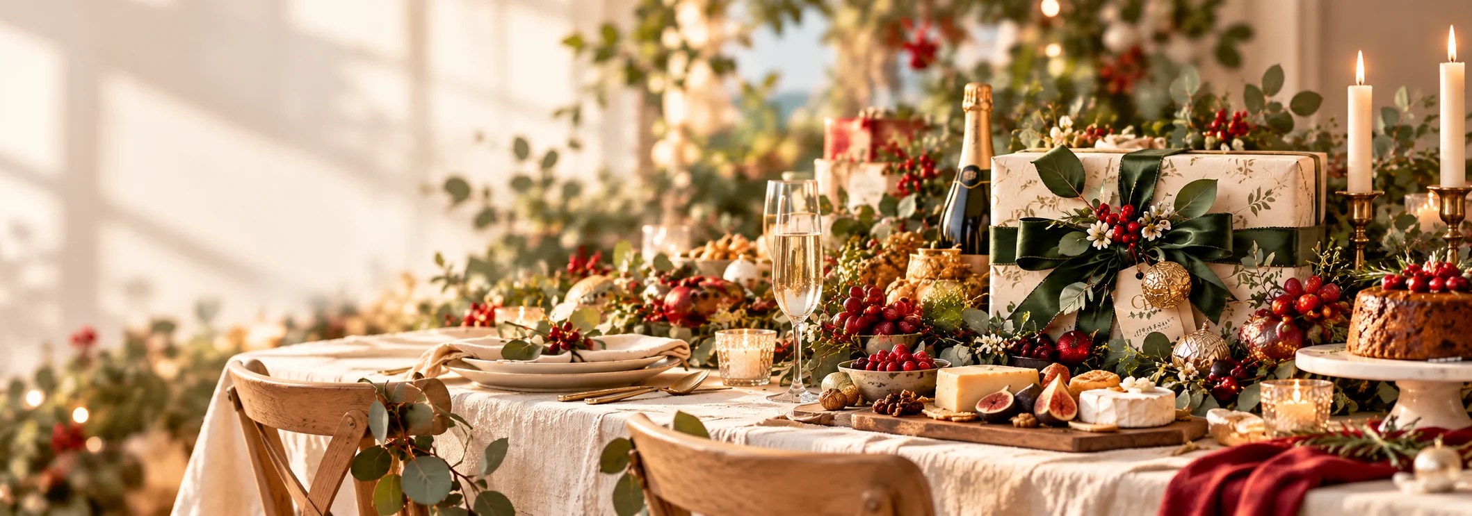 Christmas celebration table with festive food, gifts and eucalyptus