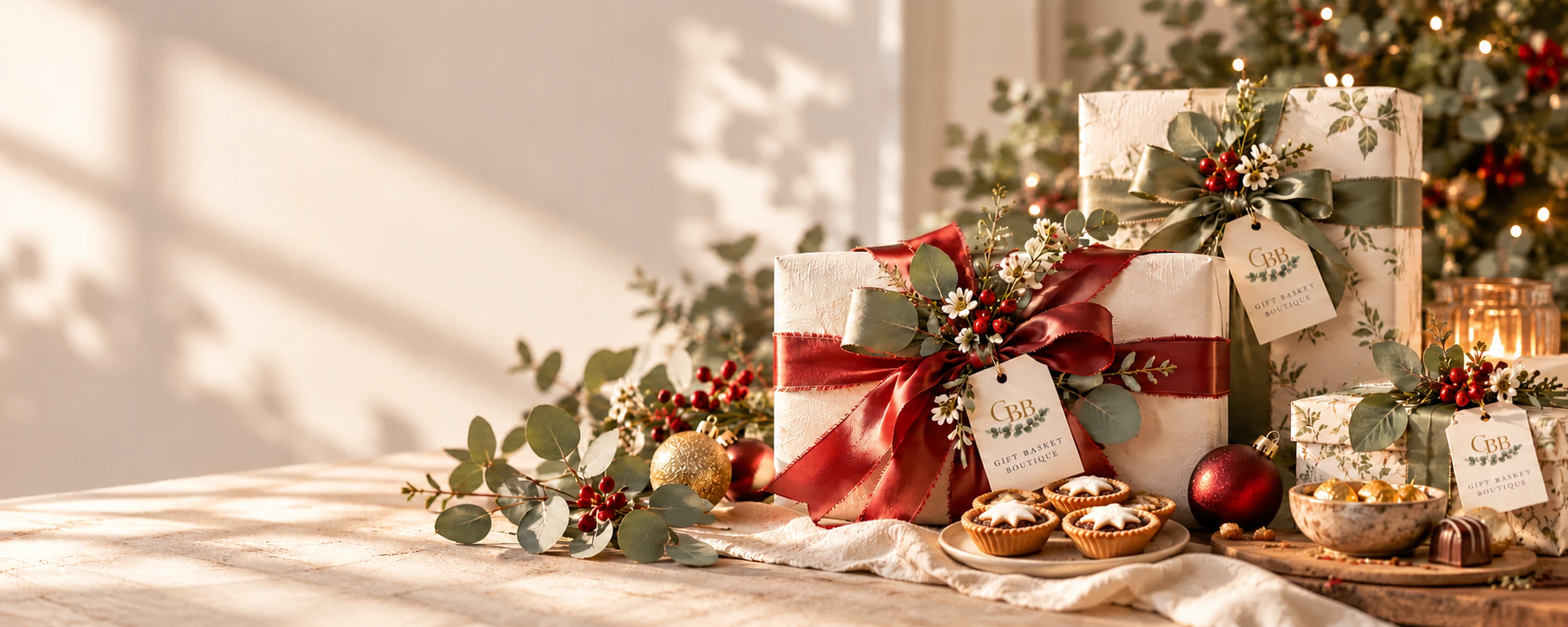Christmas gifts with festive ribbons, eucalyptus and mince pies