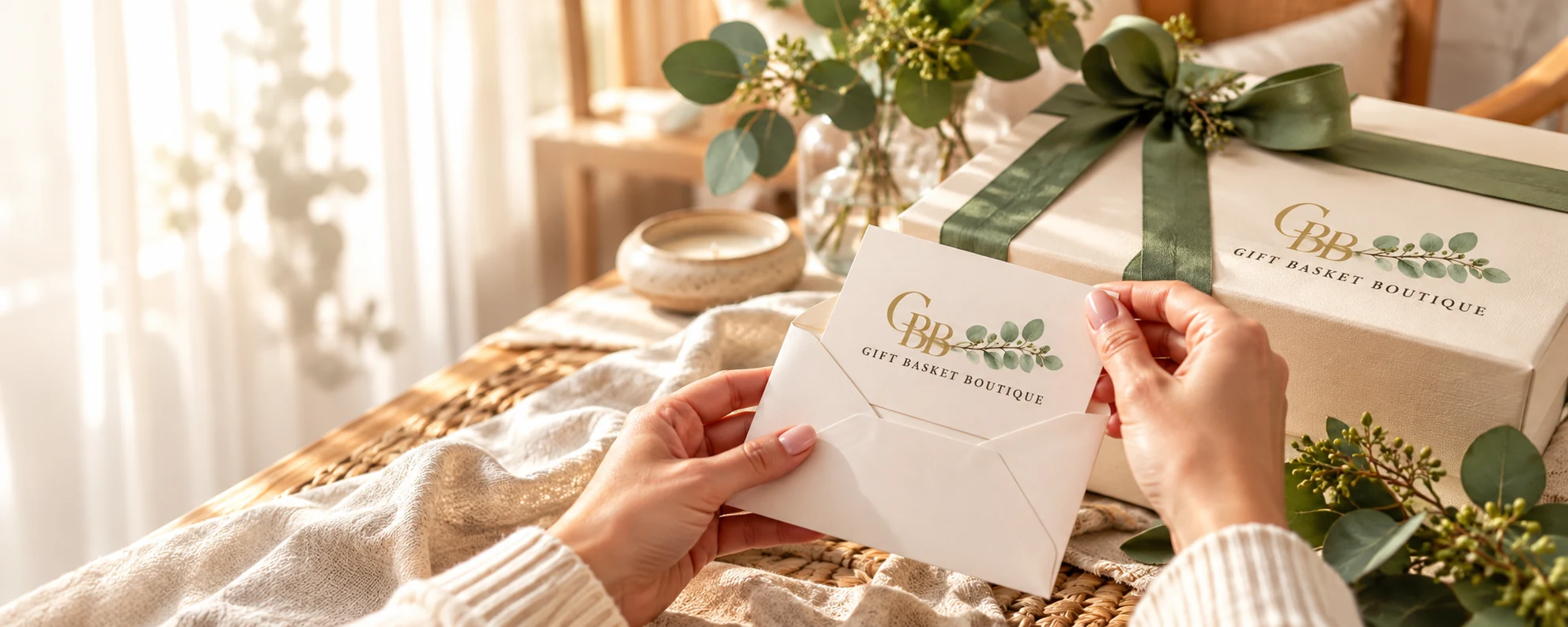 Hands opening a Gift Basket Boutique card beside an ivory gift box with eucalyptus