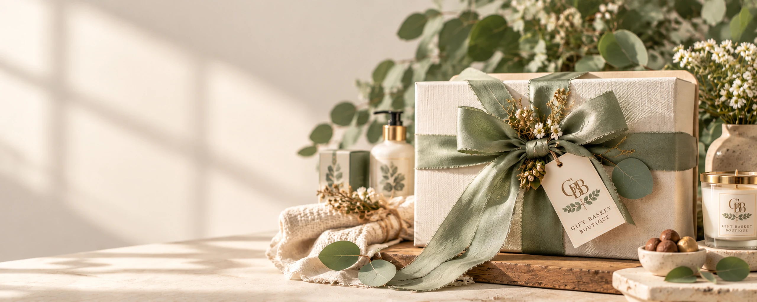 Limited Edition Gift Basket Boutique gift with sage ribbon and eucalyptus