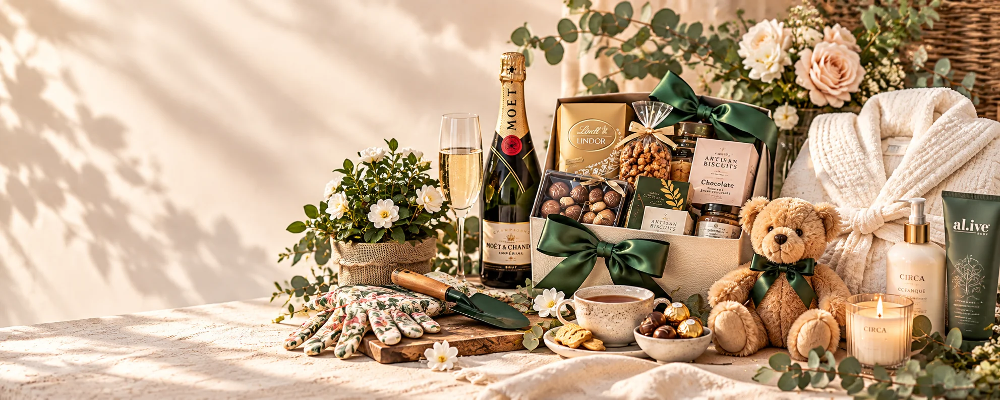 Gifts for her setting with Champagne, gourmet treats, pampering gifts, teddy bear and gardening gifts