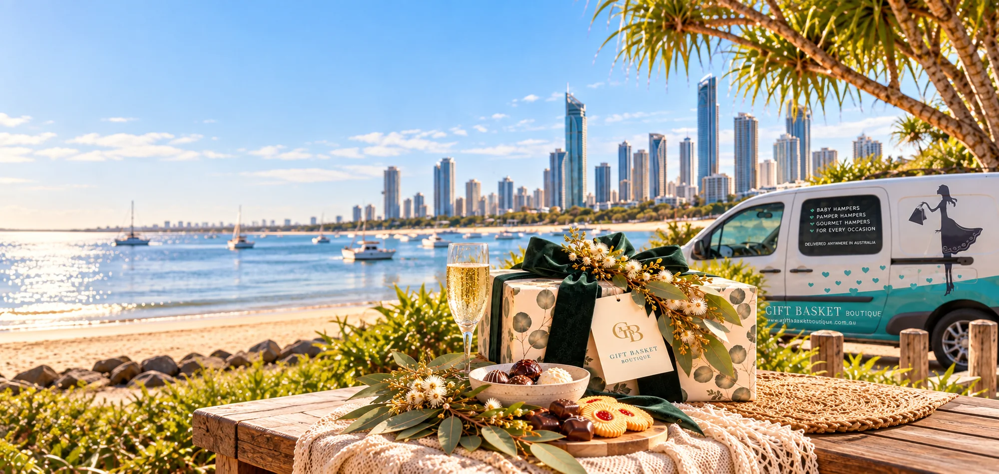 Gift Basket Boutique van and gift hamper overlooking the Gold Coast skyline